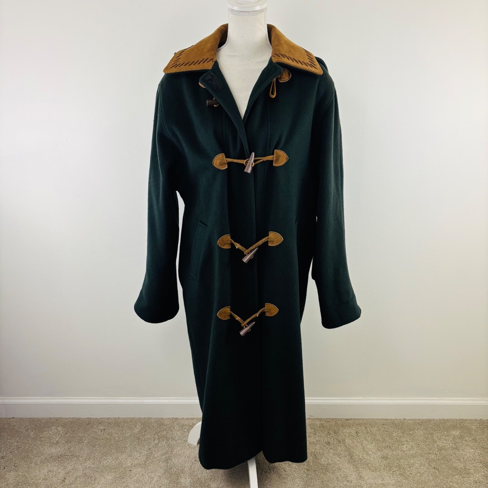 Jonathan Michael Vintage Wool Duffle Pea Coat Green Toggle Hooded‎ Jacket USA